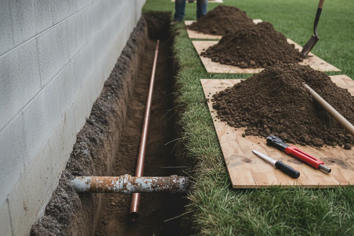 Excavated water line trench during Sewer Line Repair in Waleska